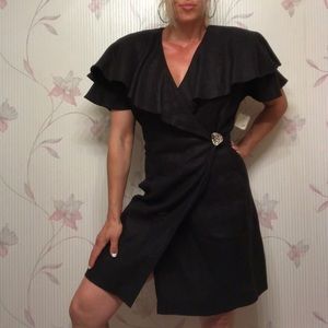 Black linen split ruffle dress